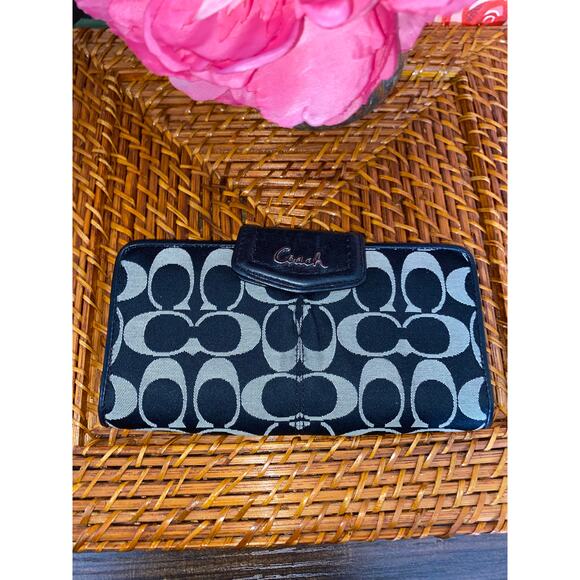 Coach Handbags - Coach Signature Canvas Black & Gray Flap Wallet Leather Trim